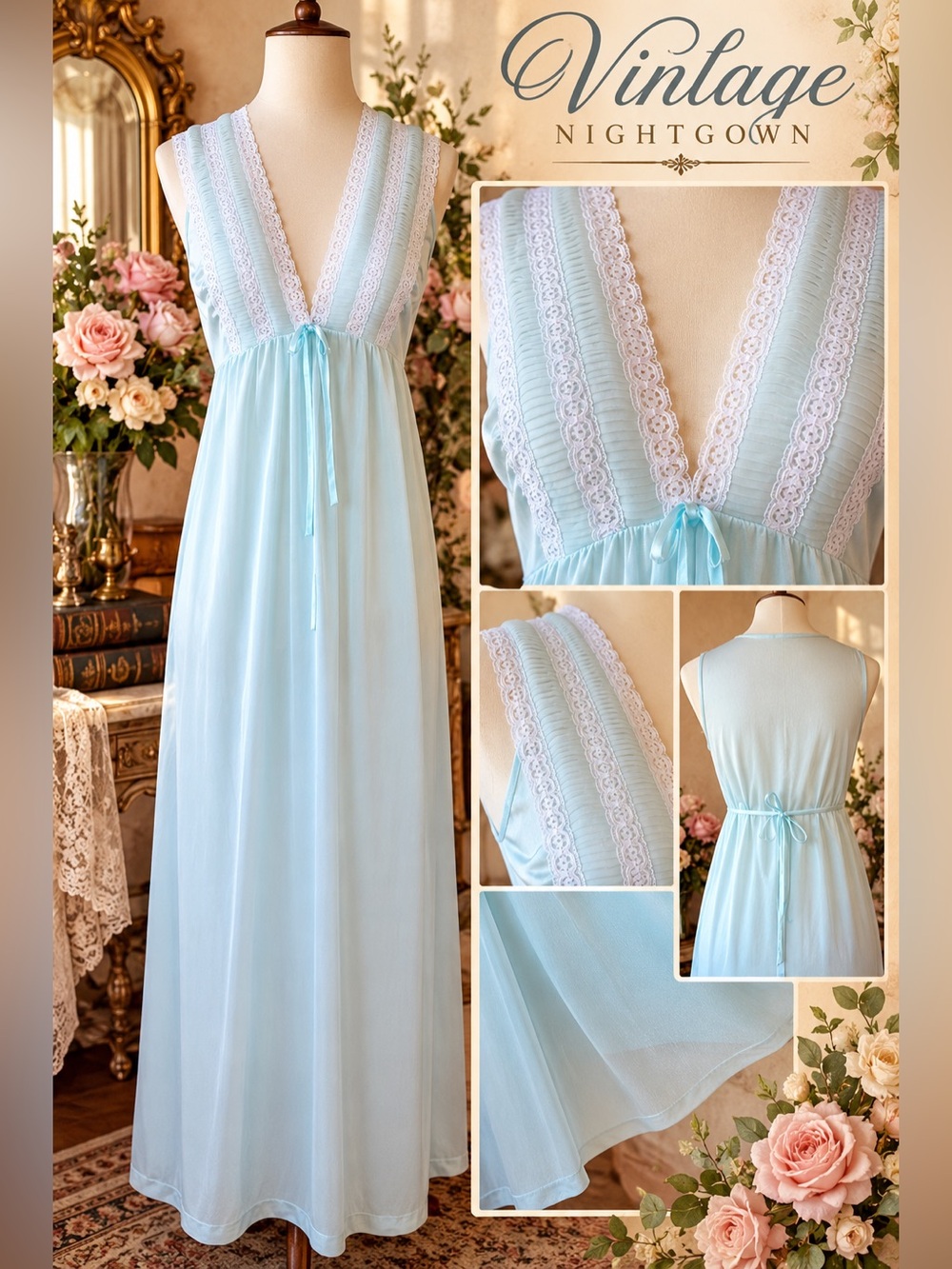✨ Vintage 1970s Pale Aqua Lace & Pleated Chiffon Nightgown ✨